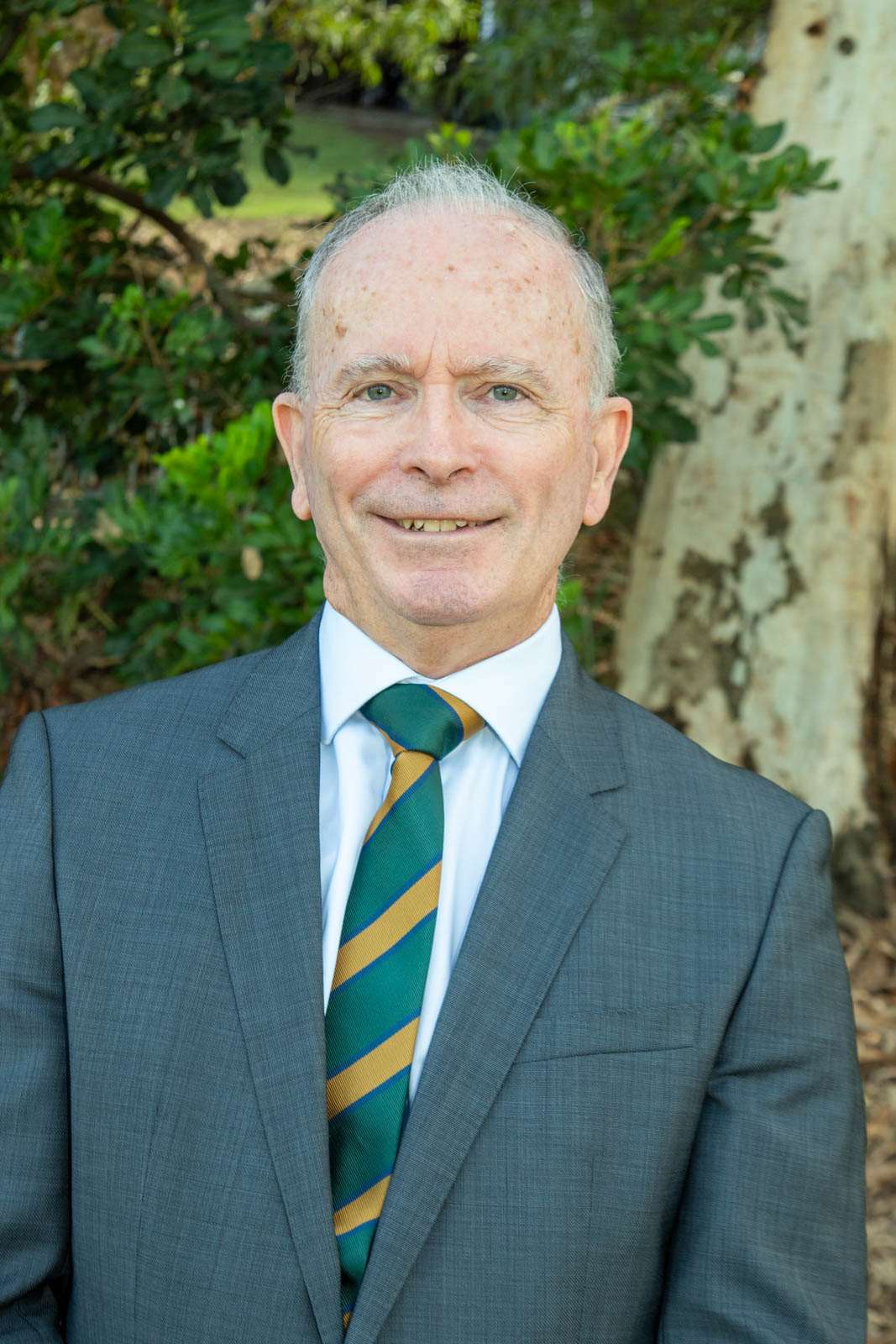 Outdoor headshot of Richard in a grey suit and green-and-yellow striped tie.